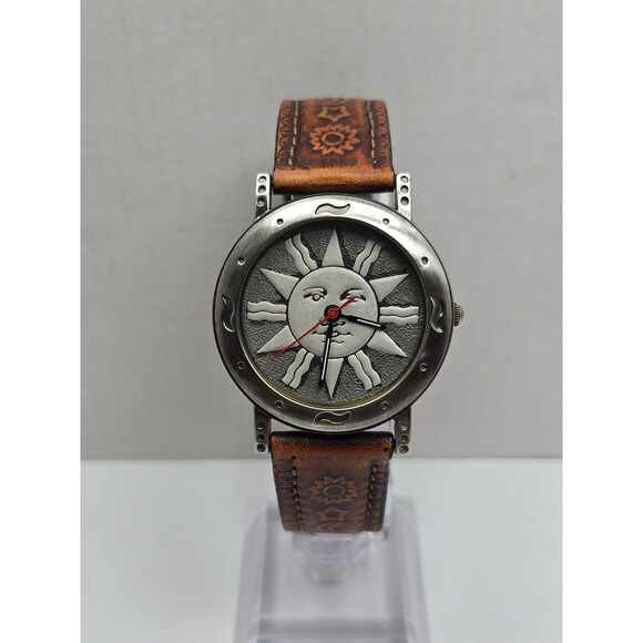 Vintage CS Ltd Hong Kong Celestial Sun Face Quartz Watch New Battery Brown Strap main image 4